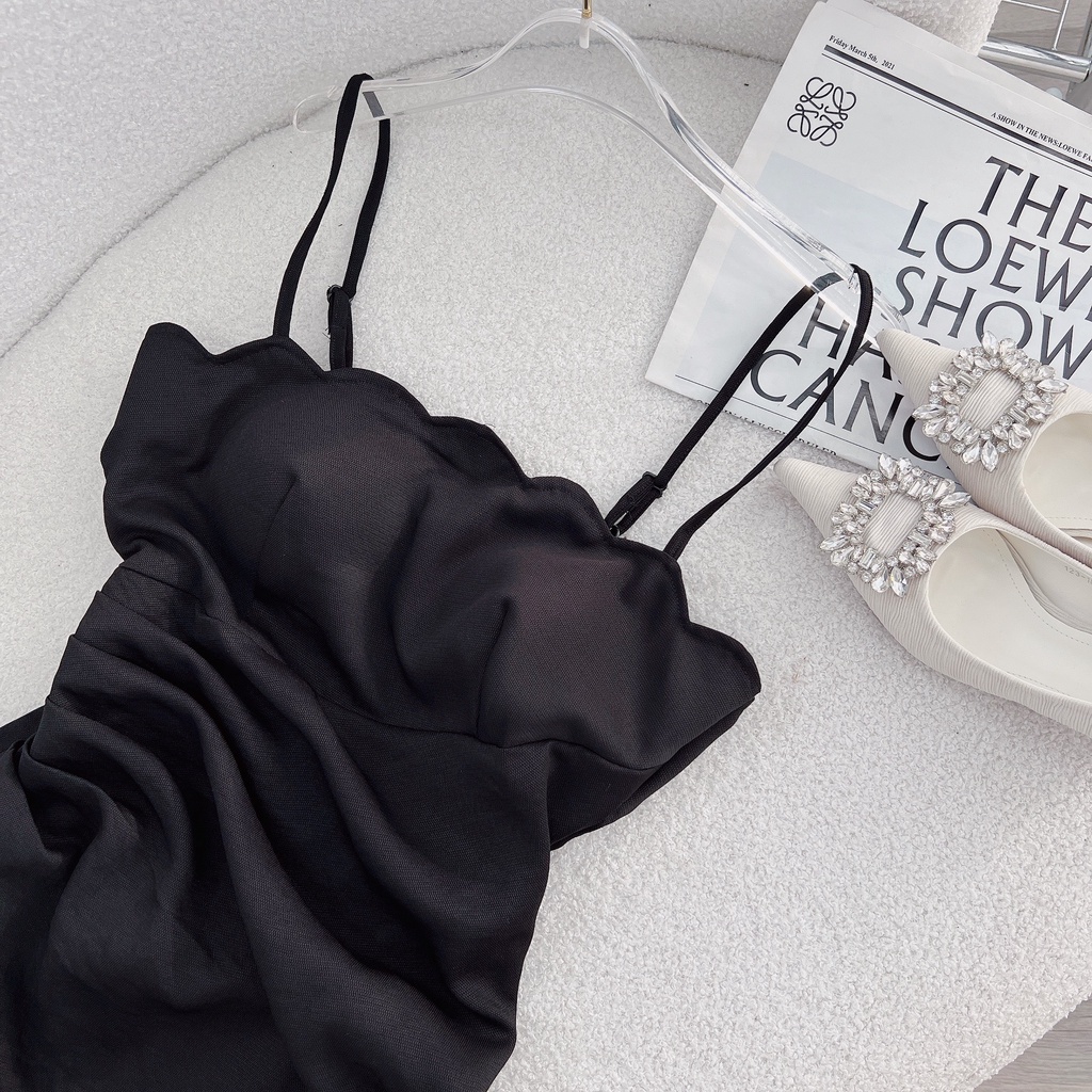 Sẵn Đầm midi hai dây cúp ngực gợn sóng xẻ đùi màu đen