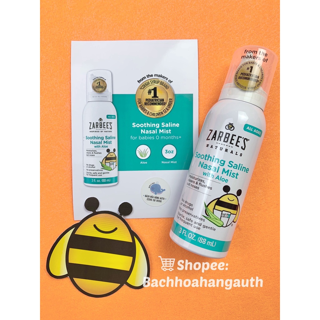 [ Hàng Mỹ ] Xịt rửa mũi, đẩy đờm, làm sạch mũi cho bé Zarbee's Soothing Saline Nasal Mist - 88ml
