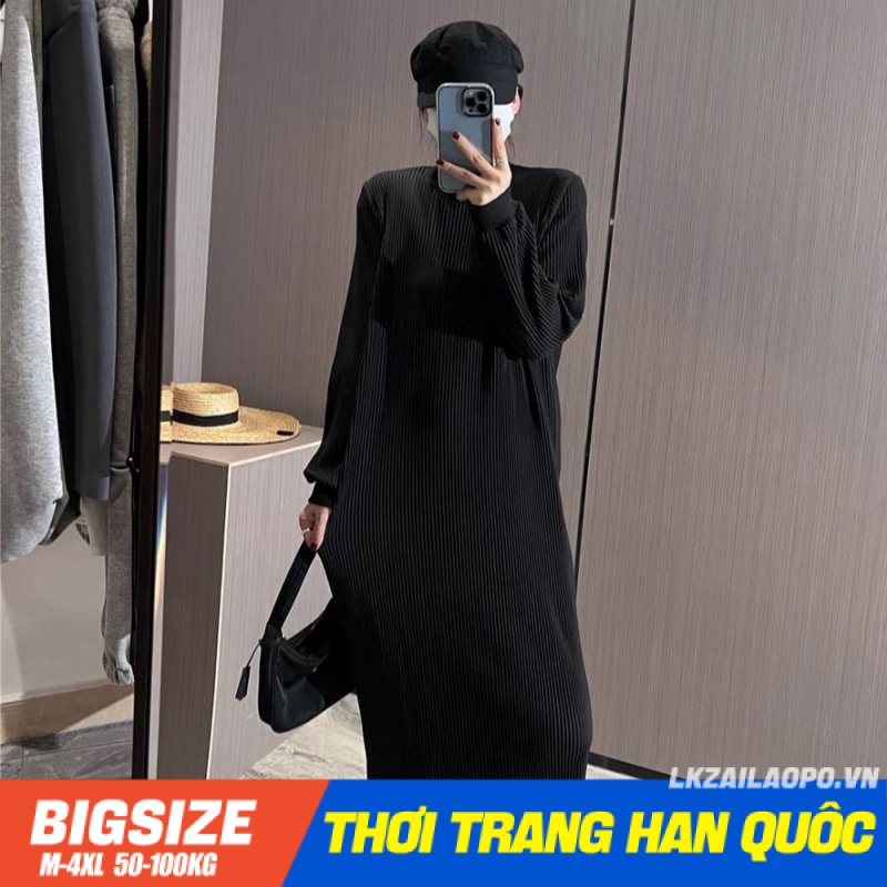 Váy đầm nữ Bigsize Đầm thun suông dài qua gối tay dài cổ tròn đen mùa xuân Phong cách Hàn Quốc Thời Trang đẹp