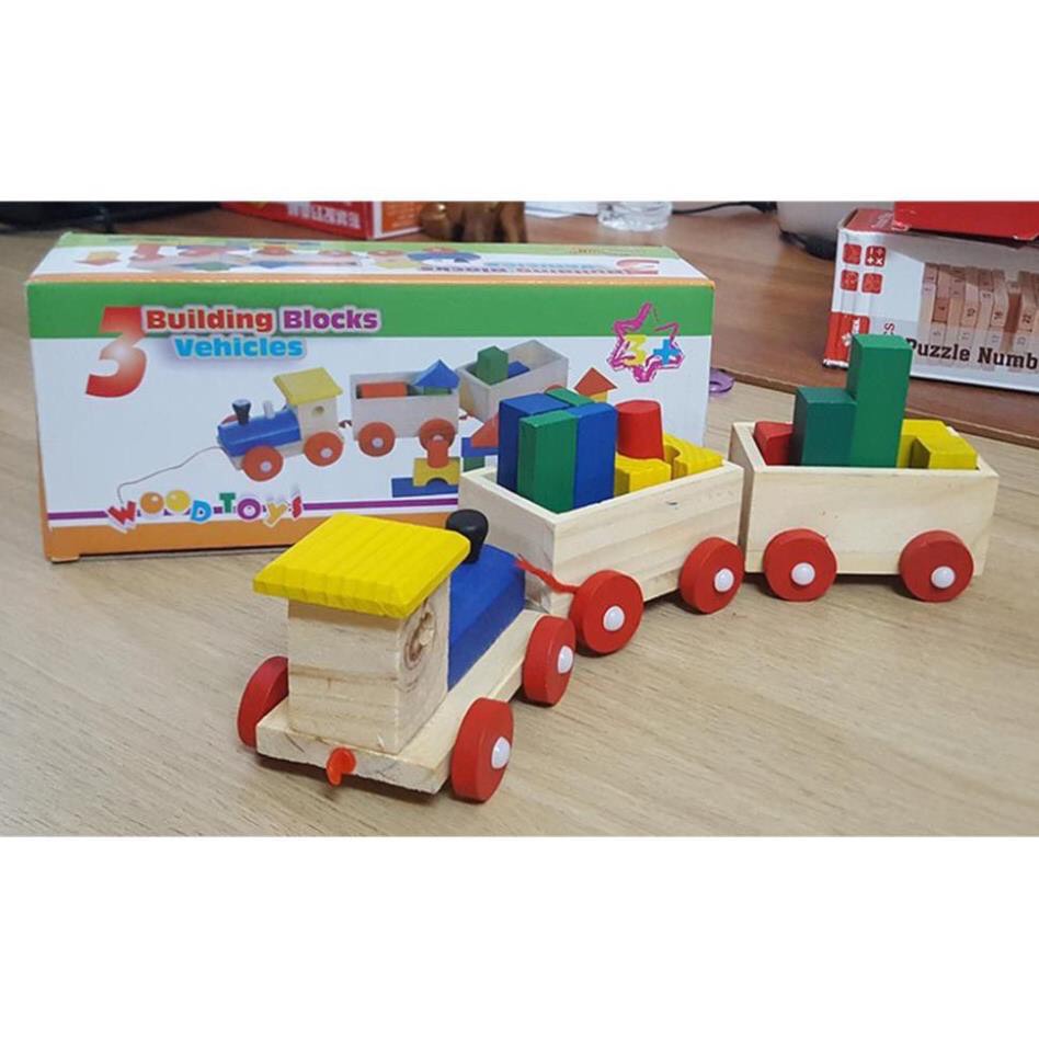 Đồ chơi Tàu chở khối 3 toa bằng gỗ thông tự nhiên
