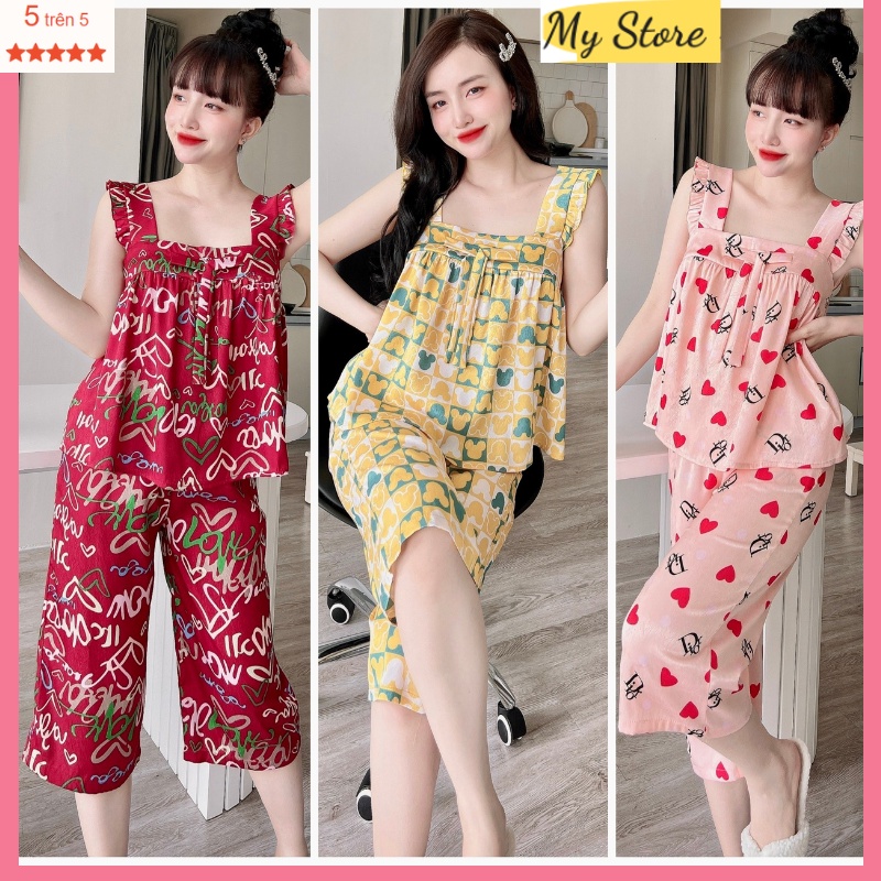 Set Đồ ngủ nữ dễ thương form tiểu thư, bộ lụa xước lửng freesize dưới 62kg MY STORE