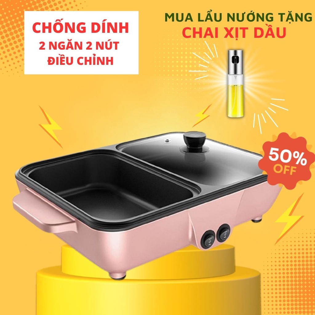 Bếp lẩu nướng 2 ngăn Hàn Quốc, Nồi lẩu 2 in 1 siêu chống dính đa năng