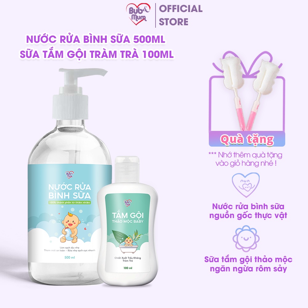 Combo Nước Rửa Bình Sữa Thiên Nhiên 500ml Và Sữa Tắm Gội Cho Bé Chiết Xuất Thảo Dược Trầu Không - Tràm Trà 100ml Bub&Mum