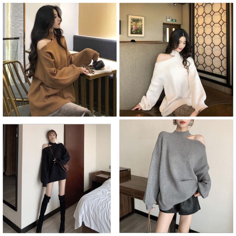 Áo Nỉ Nữ Khoét Vai Dài Tay 🦋 Áo Thun Nữ Dáng Trùm Mông Cá Tính 4 Màu PK