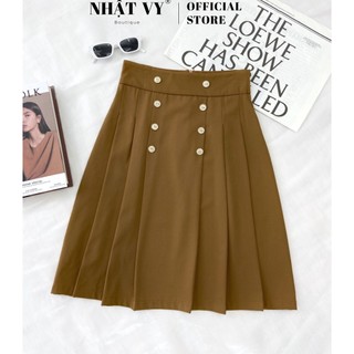 Chân Váy Nữ NHẬT VY Phối Cúc Xếp Ly Chất Kaki Thun Công Sở Dáng Xòe Màu Nâu, Đen - D1995
