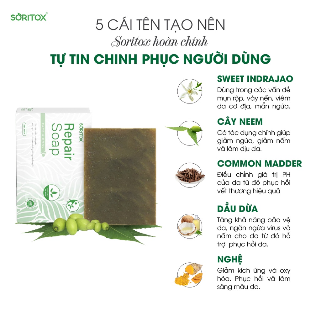 🍀🍀 Soritox Soap 130GR - Xà bông thảo mộc chăm sóc da, mờ thâm, sạch mụn, sáng da với tinh chất lá