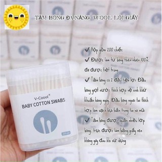 Tăm Bông Trẻ Em Kháng Khuẩn V-Cool - Ngoáy Tai/Mũi - Hộp 200 Que Lõi Giấy
