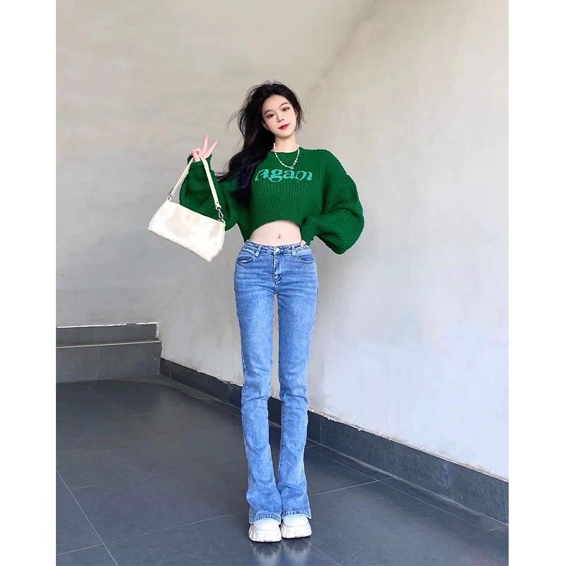 ÁO LEN CROPTOP TAY DÀI XANH LÁ HACK DÁNG SIÊU HOT