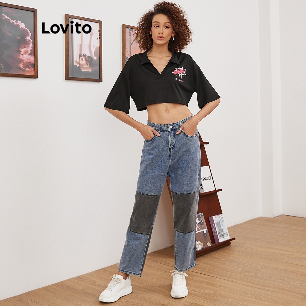 (Hàng có sẵn) Áo thun Lovito dáng ngắn họa tiết chữ cái phong cách thường ngày L19E045 (Màu đen)