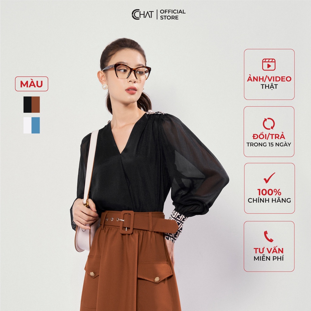Áo Kiểu Nữ 𝐂𝐂𝐇𝐀𝐓 Cổ V Dập Ly Phối Măngsec Cá Dáng Suông Chất Voan Cao Cấp 12ADV8006ST