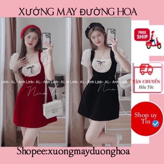 Váy nhung cổ vuông phối ren nơ ngực