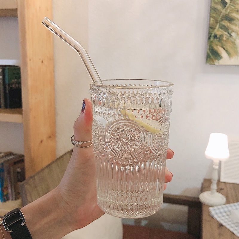 Cốc Thủy Tinh Uống Trà Sữa Hình Hoa Hướng Dương Dập Nổi Kiểu Retro Bắc Âu Dễ Thương