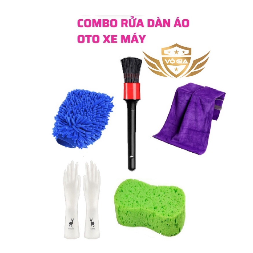 [COMBO FREESHIP] Bộ dụng cụ rửa dàn áo, rửa xe máy ôtô tại nhà (khăn lau, găng tay, bao tay san hô, cọ và mút rửa xe)