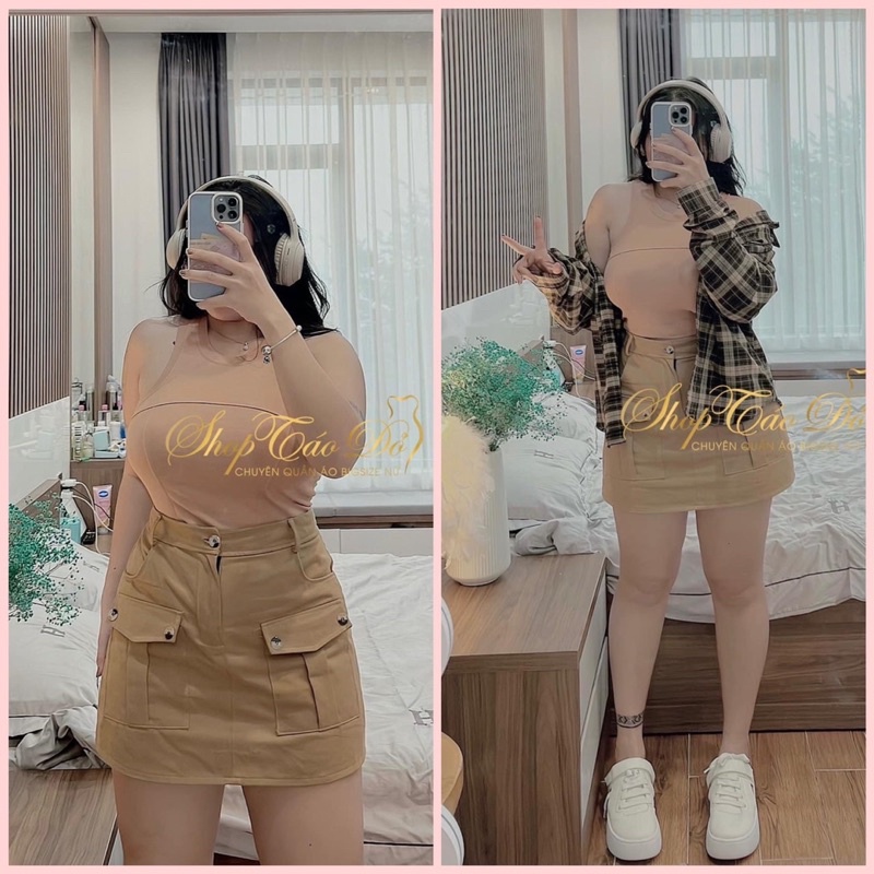 Set 3 món áo 3 lỗ croptop phối cùng sơ mi caro và chân váy
