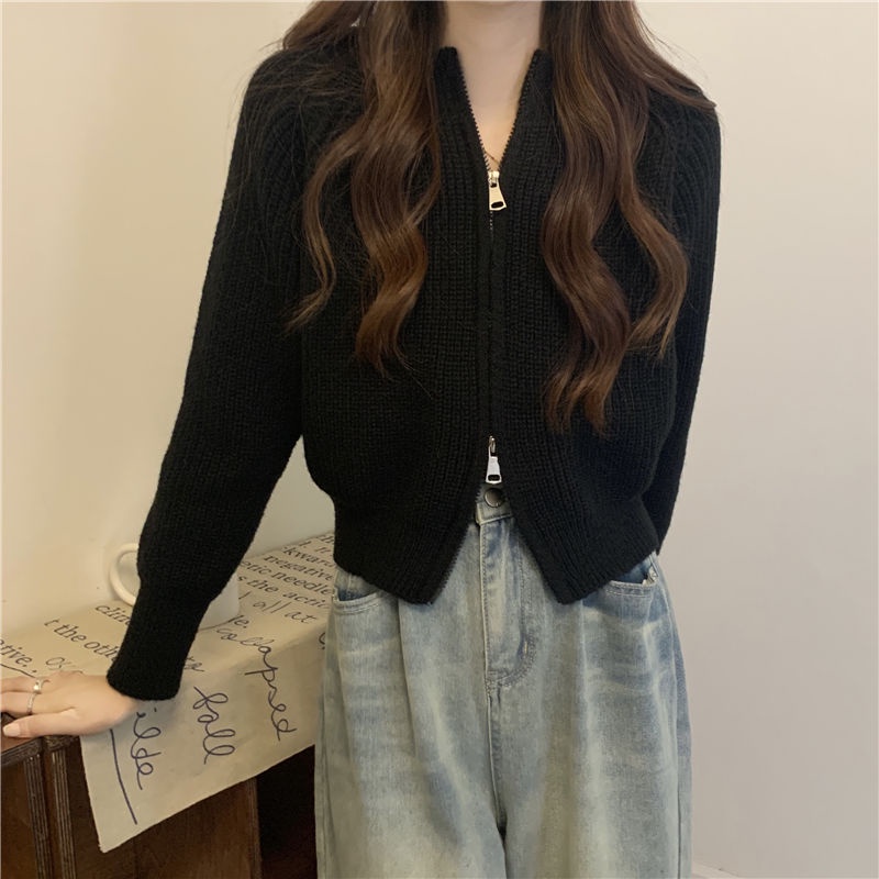 Áo Khoác Cardigan Dệt Kim Dáng Ngắn Có Khóa Kéo Đôi Phong Cách Hàn Quốc Thời Trang Thu Đông