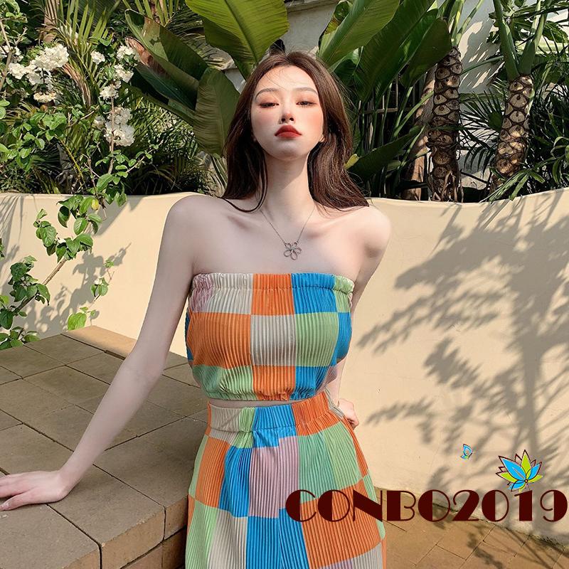 Set Đồ 2 Món Gồm Áo Không Tay Họa Tiết Kẻ Sọc Nhiều Màu + Quần Ống Rộng Lưng Cao Co Giãn Cho Nữ