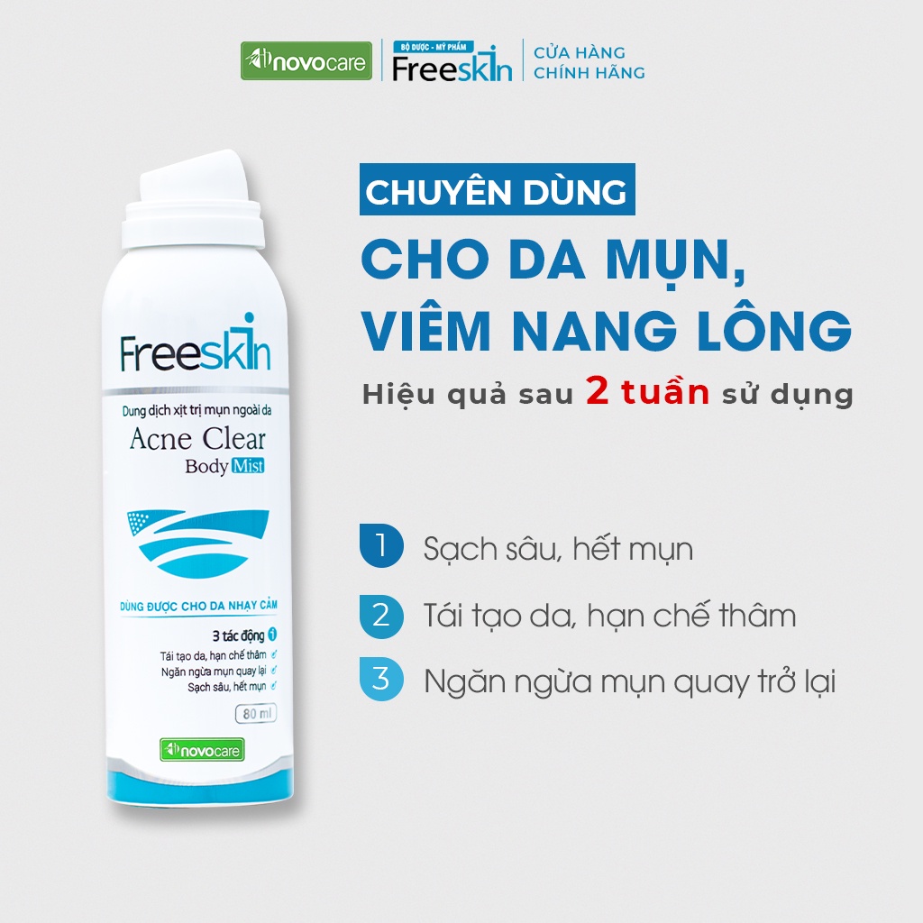 Xịt mụn lưng, viêm nang lông, dày sừng nang lông, viêm da Novocare - Freeskin, sạch mụn, mờ thâm, sáng da 80ml | BigBuy360 - bigbuy360.vn