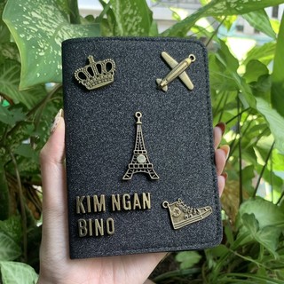 Ví hộ chiếu da nhũ đen lấp lánh (free 1 charm, 1 tag tên - chat mẫu)