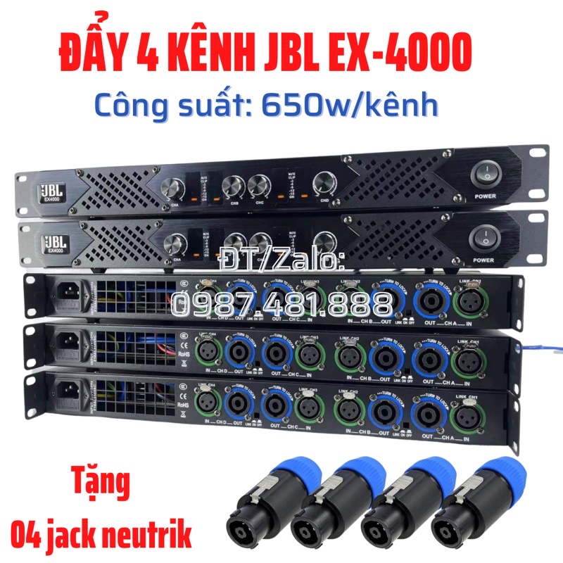 Đẩy 4 kênh JBL EX-4000 công suất 4x650w - mạch class D, nguồn xung - chơi 2 cặp loa full Bass 30 - Tặng 4 jack neutrik