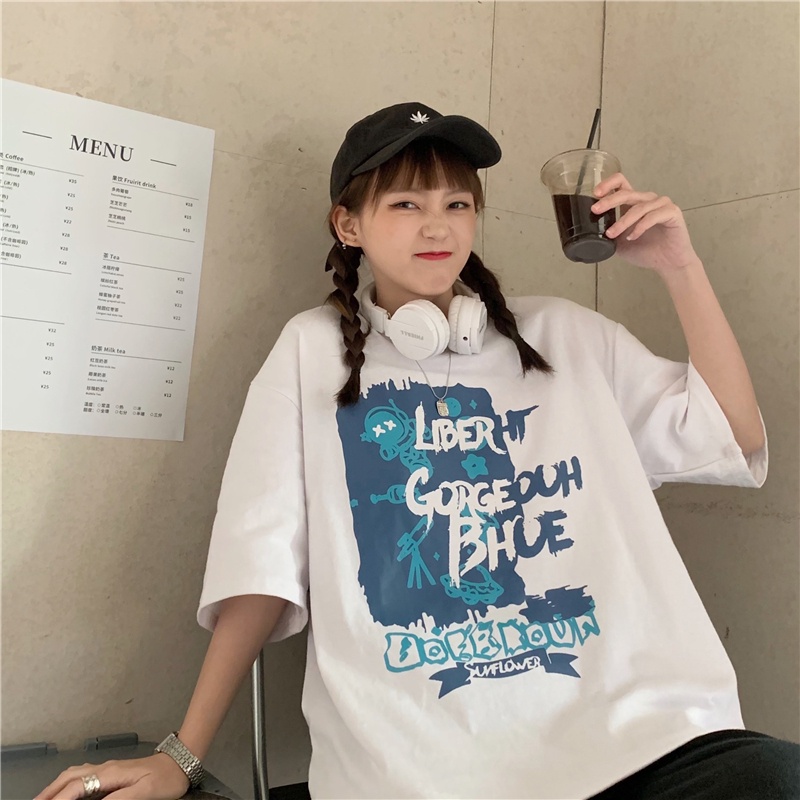 Áo Thun Ngắn Tay Dáng Rộng In Họa Tiết Xinh Xắn Theo Phong Cách Hàn Quốc