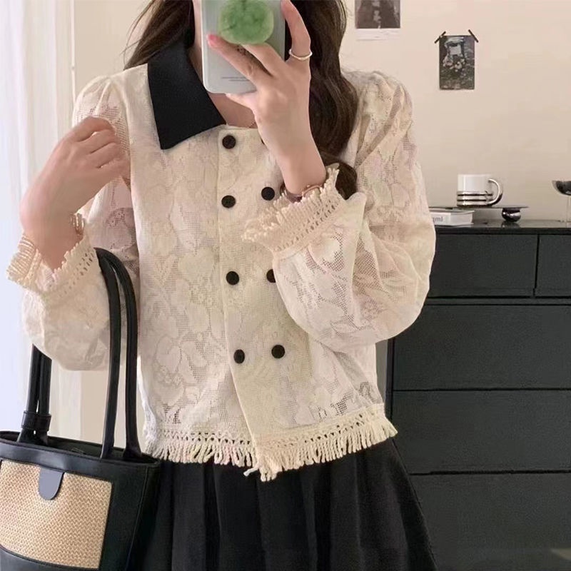 Áo Khoác Cardigan Phối Ren Phong Cách Pháp Thời Trang Mùa Thu Cho Nữ