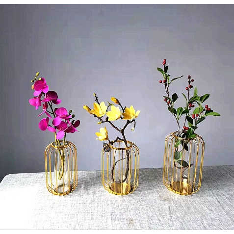 Lọ cắm hoa nghệ thuật khung sắt đèn lồng size to LOHS10 size to màu đen vàng đồng lõi thuỷ tinh bình khô 16cm 20cm