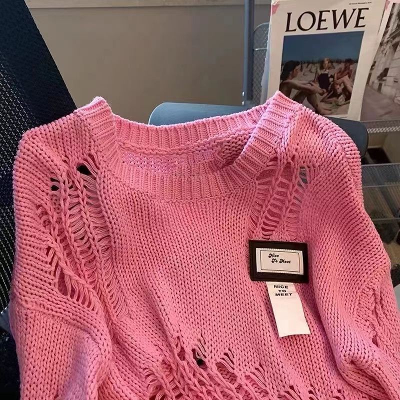 Jiashucheng Áo Sweater Dệt Kim Mỏng Tay Dài Dáng Rộng Khoét Lỗ Màu Hồng Thời Trang Mùa Thu Cho Nữ