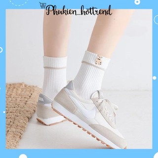 Một đôi tất màu trắng gập thêu chú gấu vintage siêu cute