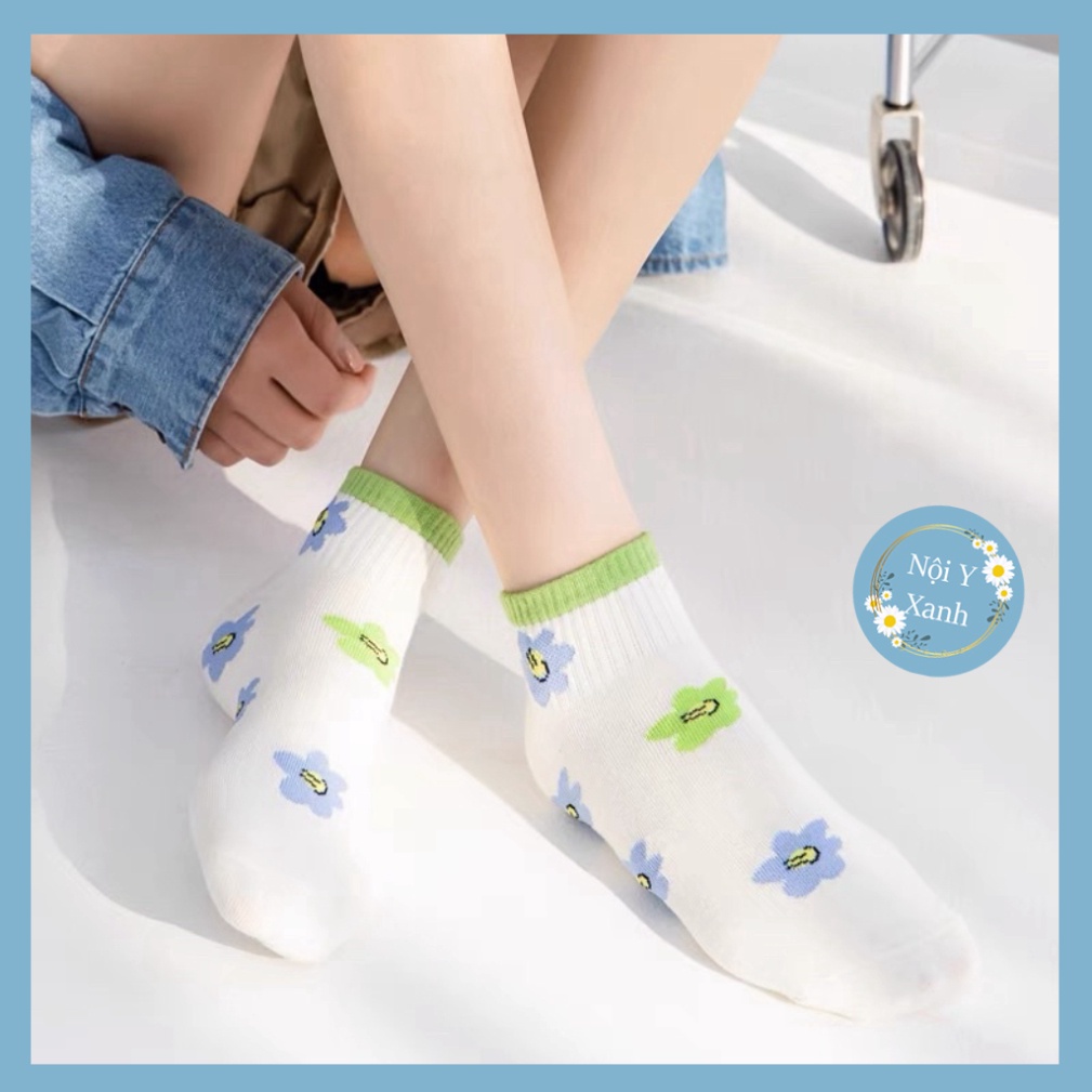 Tất Smile cổ ngắn nữ, vớ nữ chất vải cotton co và giãn bốn chiều thoáng khí tt6 nội y xanh, chất ấm, thoáng khí