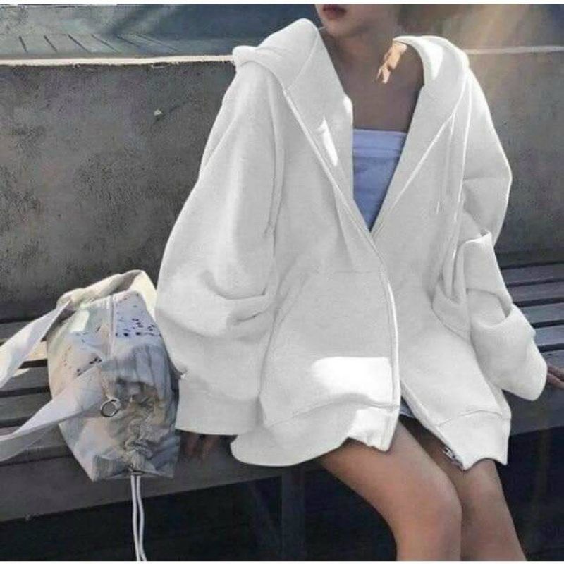 Áo khoác nỉ nữ có dây kéo form rộng nón 2 lớp thời trang cao cấp, mẫu hoodie trơn tay phồng thời trang thu đông