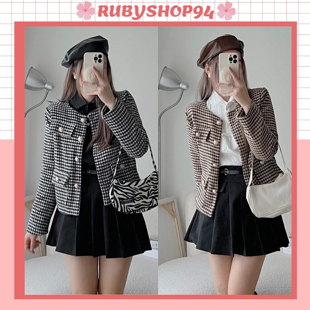 Áo dạ kẻ croptop khoác ngoài dài tay kiểu dáng Hàn Quốc họa tiết răng sói