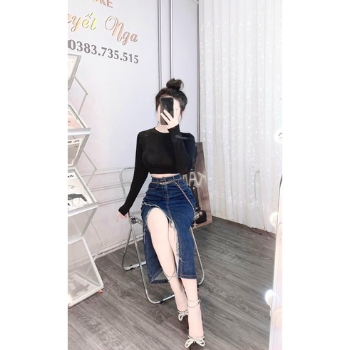 Chân váy jean  dáng dài co giãn tốt, lưng  siêu cao