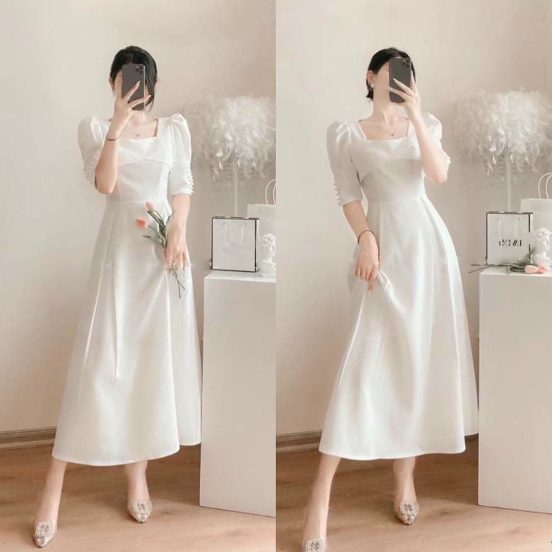 Váy trắng nữ dự tiệc cổ vuông tay phồng đính ngọc xếp ngực dáng dài Vintage V308 full size AĐ BOUTIQUE