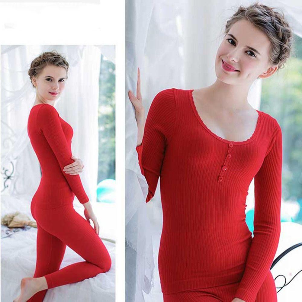 Bộ Đồ Lót Giữ Nhiệt Cổ Tròn Tay Dài Màu Trơn Họa Tiết Kẻ Sọc Đơn Giản Thời Trang Mùa Đông Cho Nữ