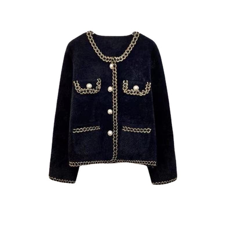 Áo khoác len nữ cardigan tay dài khoác dạ lông thỏ LUHAZO 2 màu đen trắng cúc ngọc cổ tròn dáng ngắn kiểu Hàn Quốc