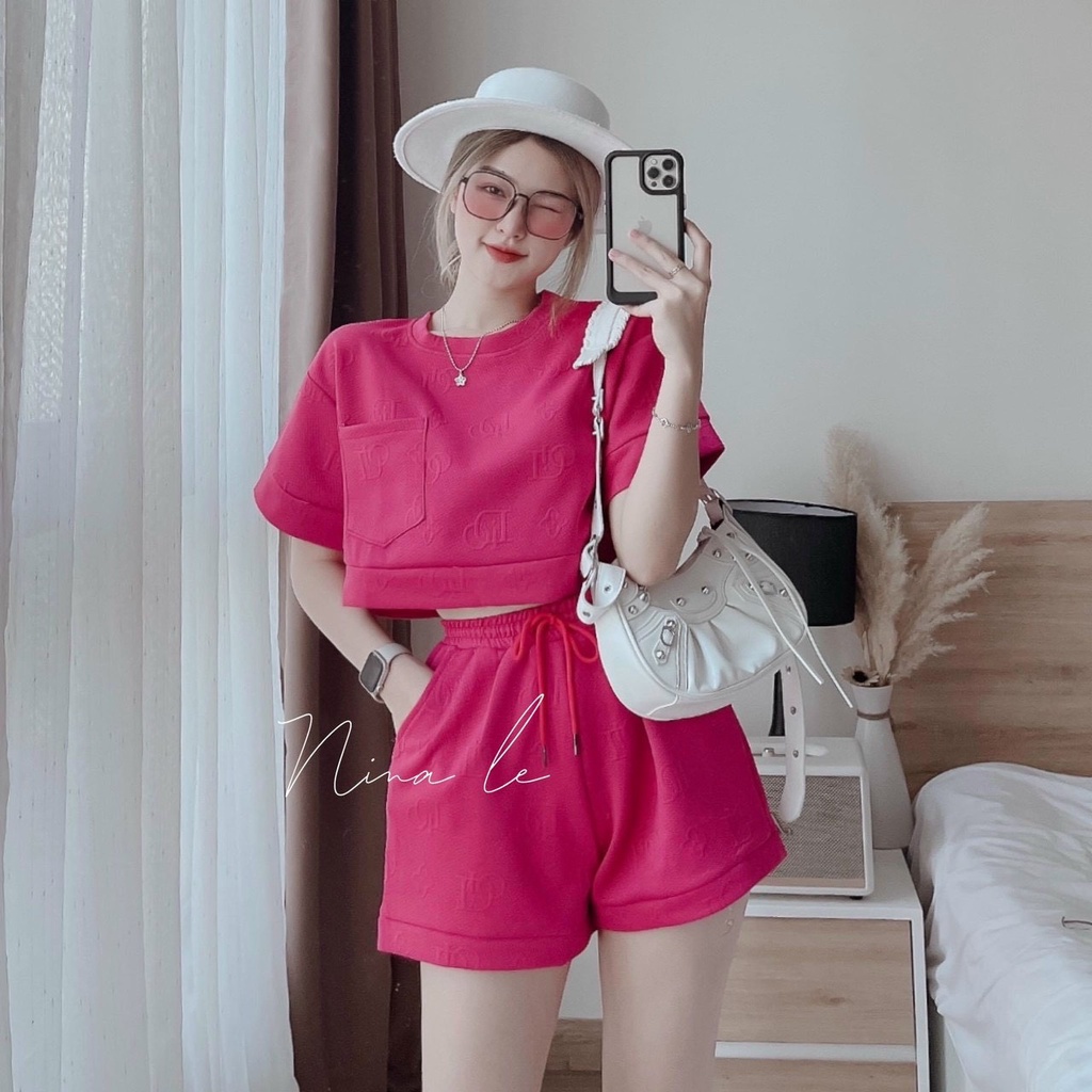 [11.11 Sale Freeship] Set thời trang nữ mặc đi chơi ,set dạ cổ tròn tay ngắn túi ngực in chữ nổi mix quần đùi có túi dx