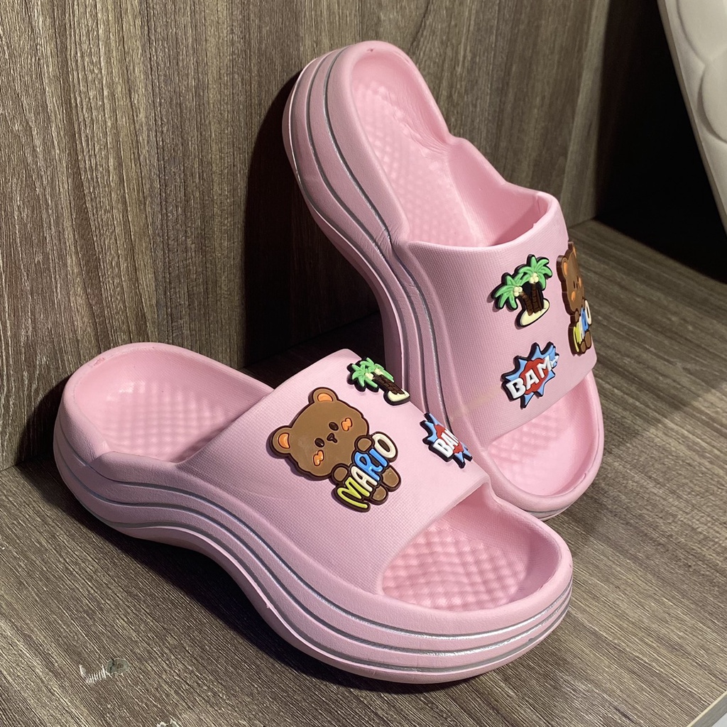 Dép bánh mì quai ngang đế cao lượn sóng ticker gấu cây dừa êm. nhẹ, cao 4cm  - TĂNG 1 SIZE