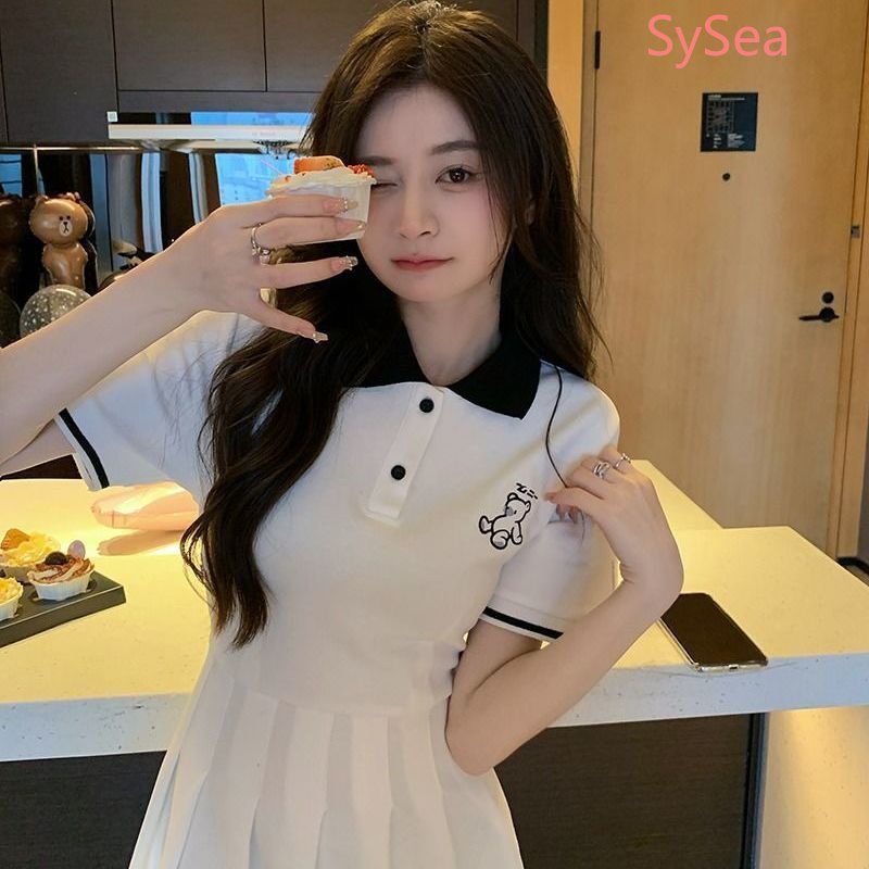 Đầm Xếp Ly Cổ Polo Thêu Họa Tiết Thời Trang Mùa Hè Hàn Quốc Cho Nữ