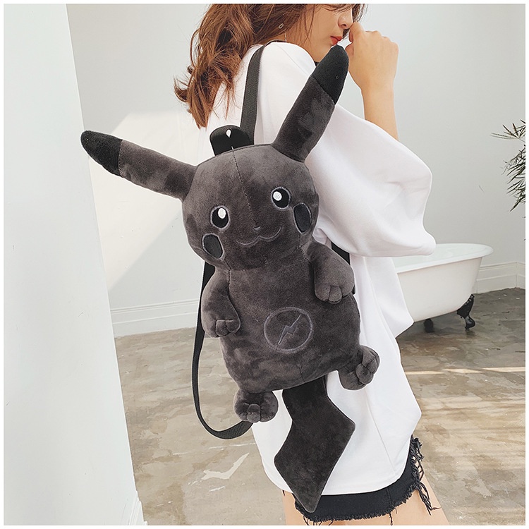 Ba Lô Đi Học / Du Lịch Hình Pikachu Màu Đen 30cm Nhồi Bông Sức Chứa Lớn Dễ Thương Cho Bé Trai Và Bé Gái