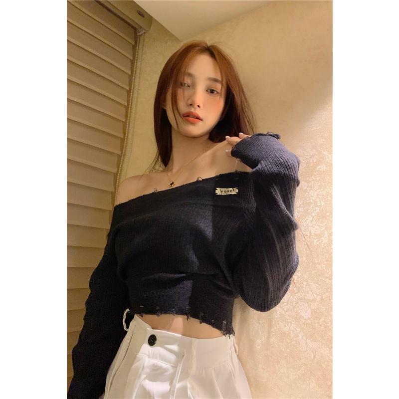 Áo dệt kim tay dài hở vai thời trang Hàn Quốc độc đáo dành cho nữ
