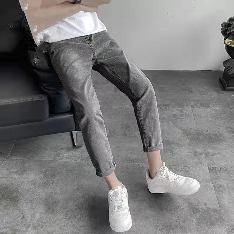 Seluar Quần Jean Dài Dáng Ôm Màu Đen / Xám Phong Cách Hồng Kông Cá Tính Cho Nam