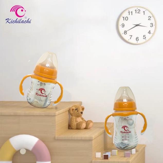 Bình sữa cổ rộng kèm tay cầm Kichi 180ml/240ml - Tặng kèm 01 núm ti