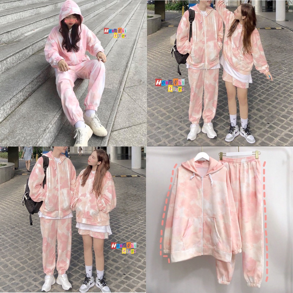 Set Bộ Áo Hoodie Zip Tie Dye Loang Màu Phối Quần Jogger 3D Dây Rút Cao Cấp Oversize Ulzzang Unisex - MM