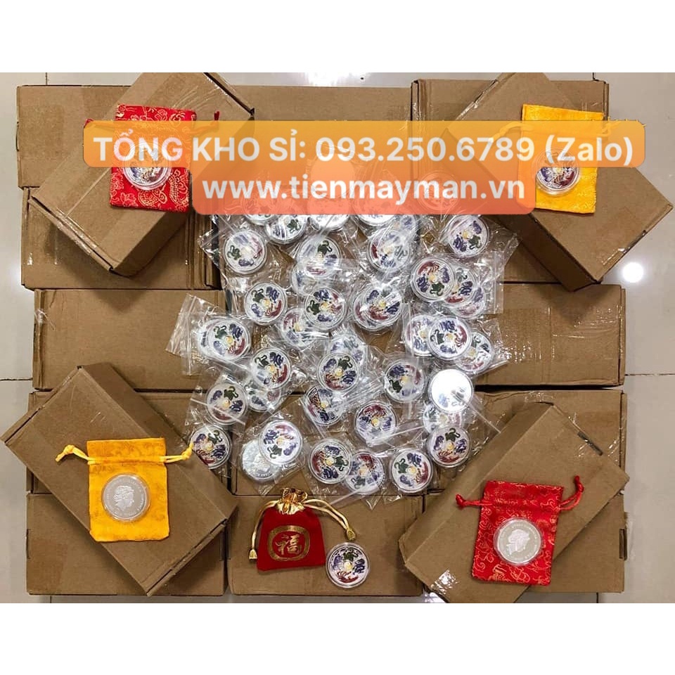 [GIÁ KM] Đồng Xu Tứ Linh: Thanh Long - Bạch Hổ - Chu Tước - Huyền Vũ, Đồng Xu May Mắn Tặng Tết, kèm Túi Gấm Đỏ