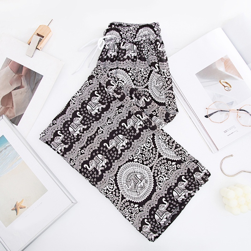 Quần Palazzo Ống Rộng Lưng Thun Rút Dây In Họa Tiết Voi Phong Cách Bohemian Dành Cho Nữ