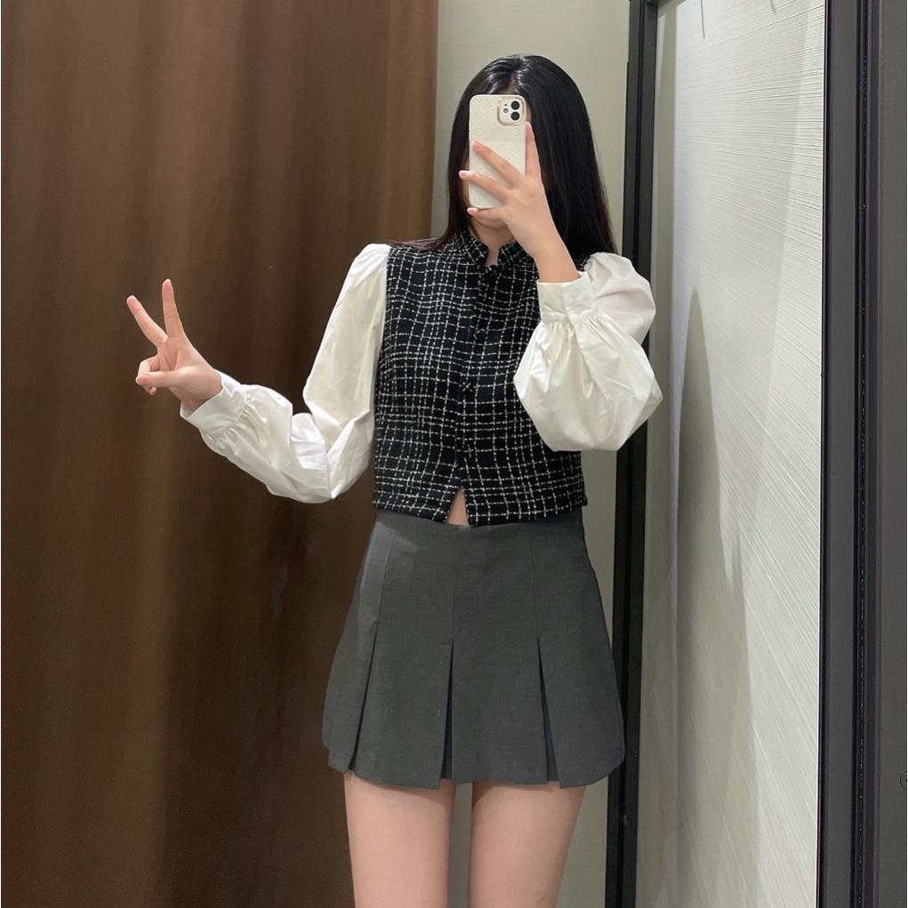 Made in Morocco - Áo Zara Sơ Mi Tay Dài Dáng Ngắn Phối áo gile karo AK07SMG45N9