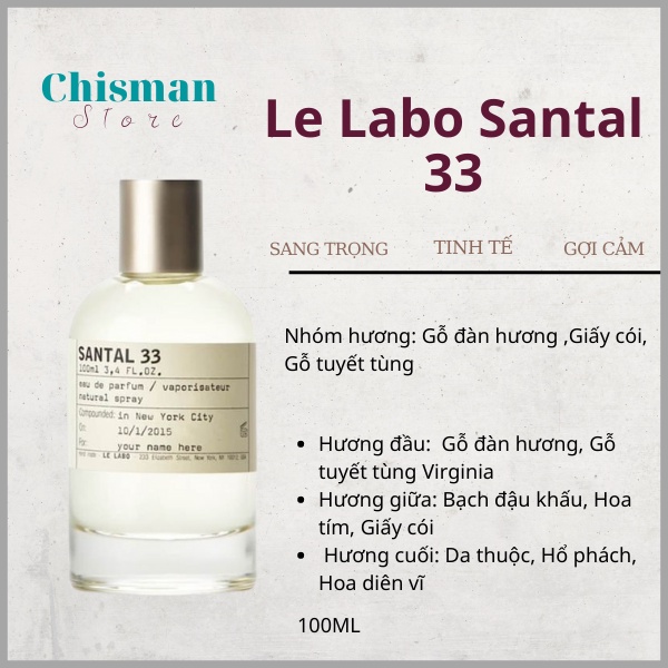 Nước hoa unisex Le labo Another 13, Santal 33 10/100ml-  Lưu hương lâu mùi hương gỗ tươi mát cuốn hút- Chisman