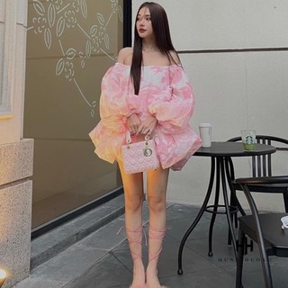 Đầm nữ đi biển hoa voan dáng xòe trễ vai dài tay bồng HATI
