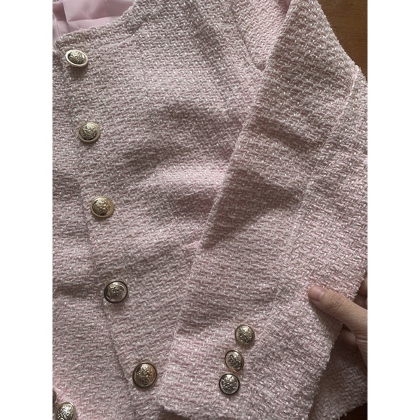 Áo Khoác Dạ Tweed Tay Dài Cổ Tròn Hồng 2 Túi
