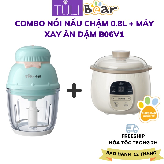 COMBO Nồi nấu cháo chậm cho bé 0.8L Bear +Máy xay thực phẩm cho bé ăn dặm mini 0.6L Bear QSJ-C02K1 (GR-B06V1) đa năng